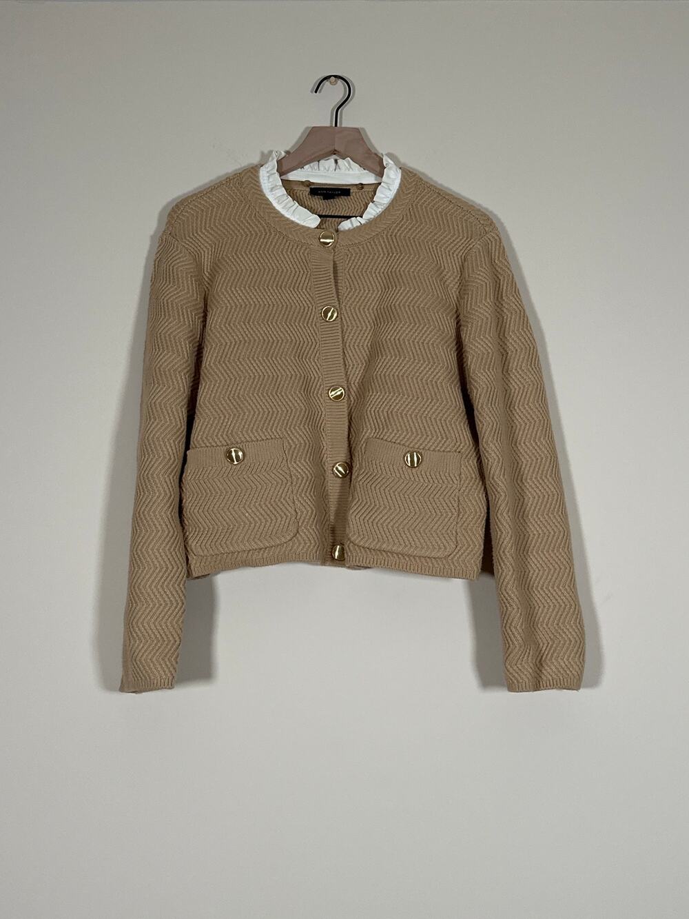 Ann Taylor XL Tan Chevron Knit Cardigan Removable Ruffle Collar Gold Buttons